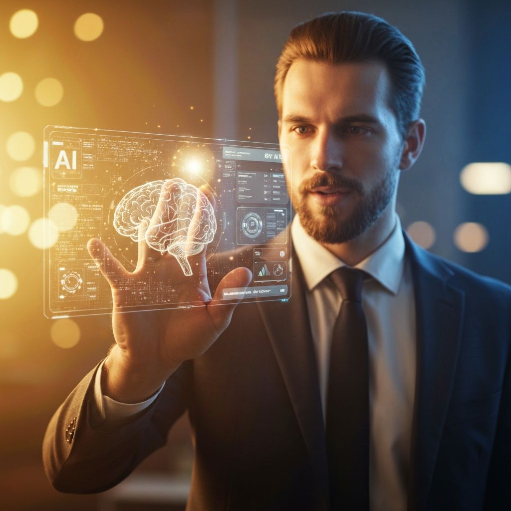 Person interacting with AI holographic interface